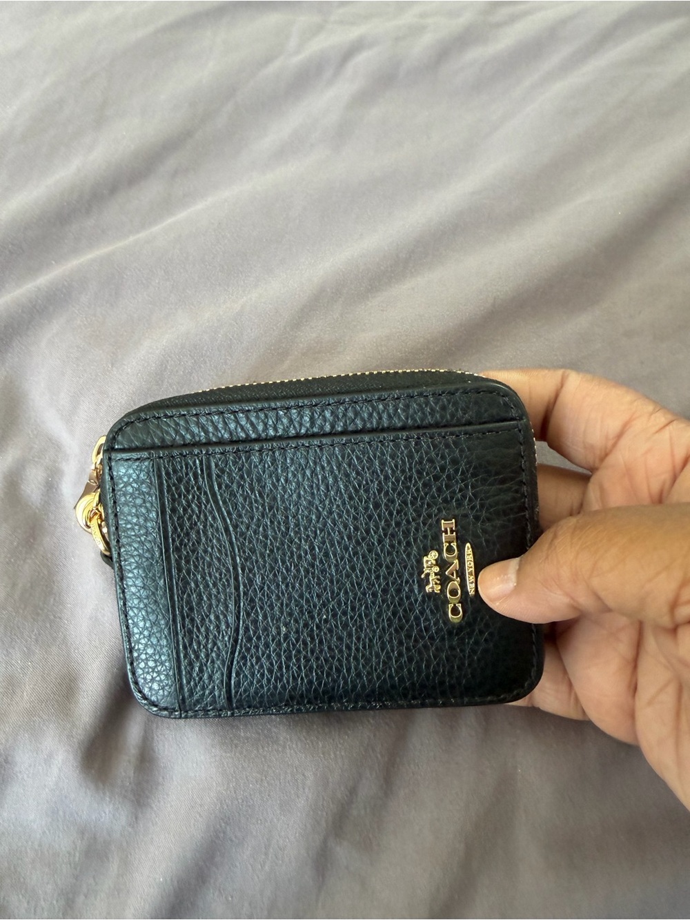 Coach Black Pebbled Leather Zip Card Holder with Gold Logo